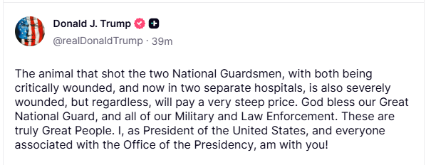 白宫附近突发枪击事件！两名国民警卫队员中弹重伤！